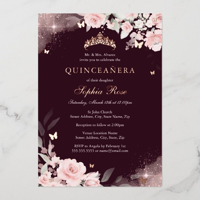 Invitación Con Relieve Metalizado Rosa de mariposa rosa Rubor Burgundy Quinceanera (Anverso)