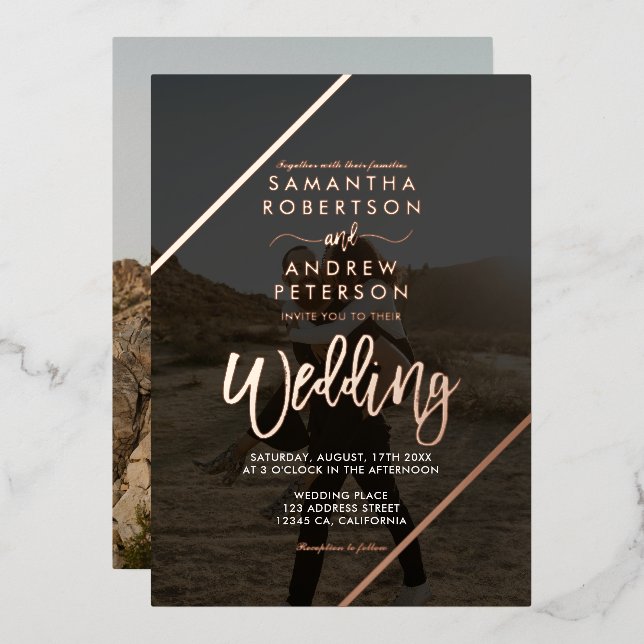 Invitación Con Relieve Metalizado Rosa  de oro bandas de guion moda boda 2 fotos (Anverso/Reverso)