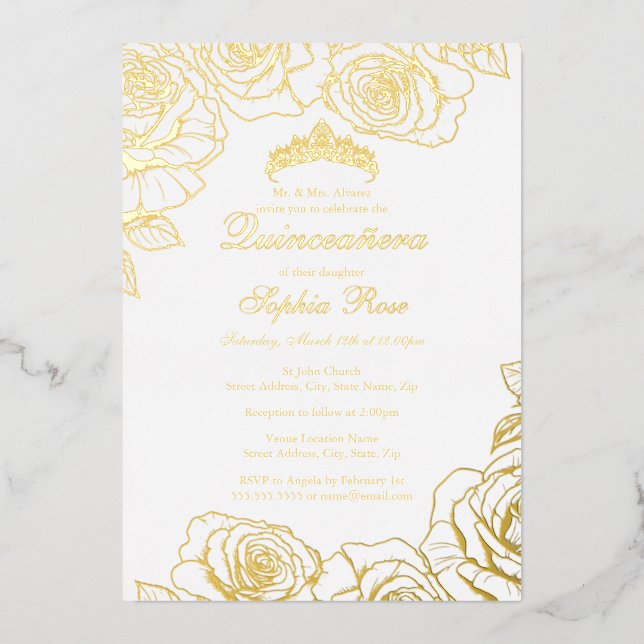 Invitación Con Relieve Metalizado Rosa de oro blanco Jardín Quinceanera (Anverso)