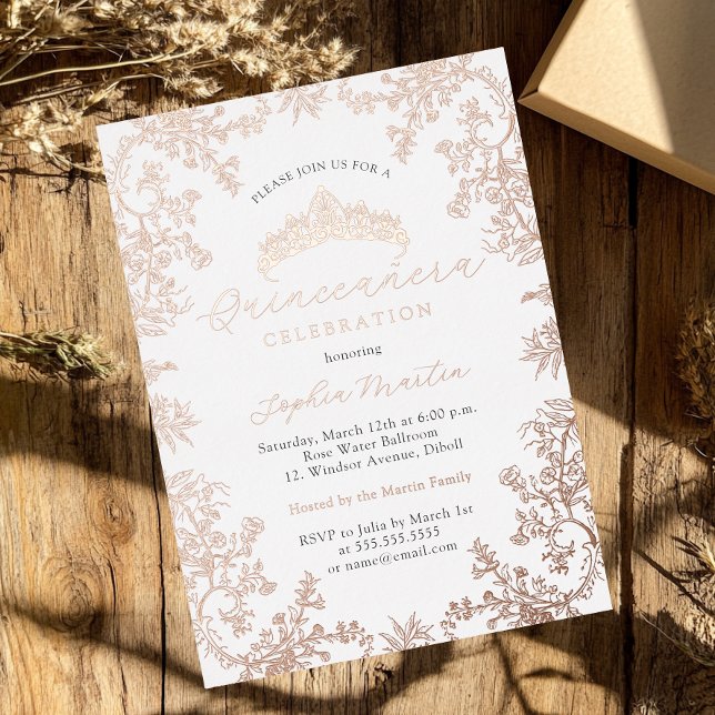 Invitación Con Relieve Metalizado Rosa de oro blanco Rubor Elegante Quinceanera (Subido por el creador)