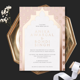 Invitación Con Relieve Metalizado Rosa de oro de Boda indio de origen rosa Rubor