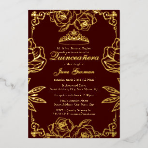 Invitación Con Relieve Metalizado Rosa de oro de Borgoña Jardín Quinceanera