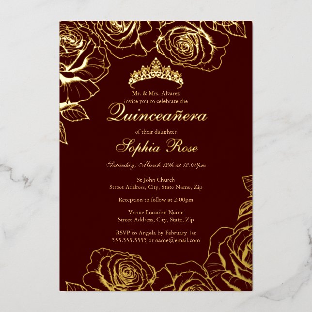 Invitación Con Relieve Metalizado Rosa de oro de Borgoña Jardín Quinceanera (Anverso)