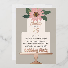 Invitación Con Relieve Metalizado Rosa de oro de la fiesta de cumpleaños del pastel