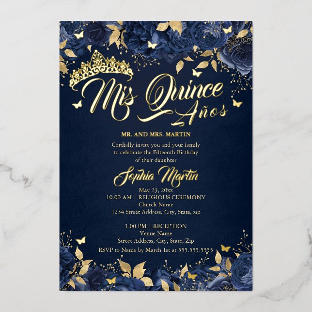 Invitación Con Relieve Metalizado Rosa De Oro De La Marina Mis Quince Quinceanera (Anverso)