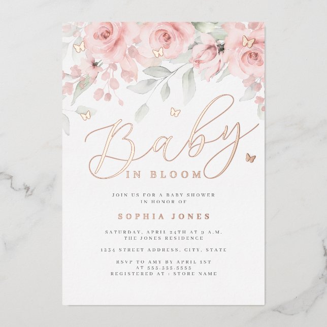 Invitación Con Relieve Metalizado Rosa De Oro Floral Mariposa Bebé En Bloom (Anverso)