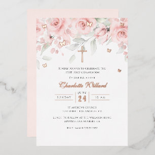 Invitación Con Relieve Metalizado Rosa de Oro Mariposa Cruz Niñas Primera Comunión