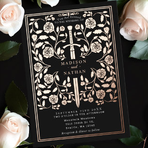 Invitación Con Relieve Metalizado Rosa de Oro Medieval Real Negro Espada de Boda 
