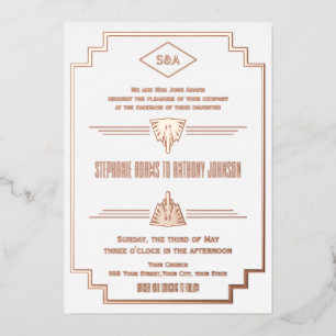 Invitación Con Relieve Metalizado Rosa de Oro Monograma, y Boda Art Déco Blanca