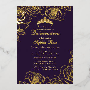 Invitación Con Relieve Metalizado Rosa de oro morado Jardín Quinceanera