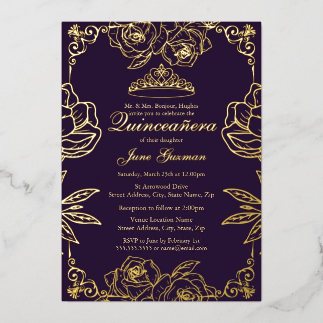 Invitación Con Relieve Metalizado Rosa de oro morado Jardín Quinceanera (Anverso)
