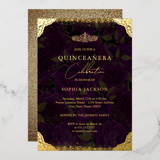 Invitación Con Relieve Metalizado Rosa de oro morado Tiara Quinceanera (Anverso/Reverso)