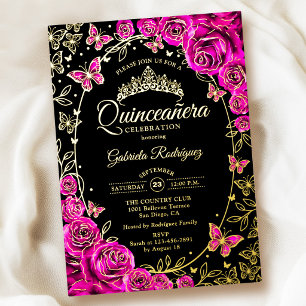 Invitación Con Relieve Metalizado Rosa de oro negro fucsia Quinceañera