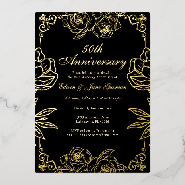 Invitación Con Relieve Metalizado Rosa de oro negro Jardín 50 aniversario Boda (Anverso)