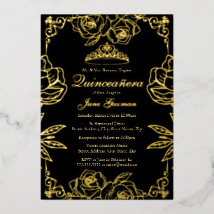 Invitación Con Relieve Metalizado Rosa de oro negro Jardín Quinceanera