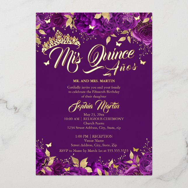 Invitación Con Relieve Metalizado Rosa De Oro Púrpura Mis Quince Quinceanera (Anverso)