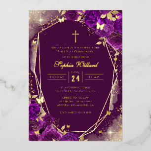 Invitación Con Relieve Metalizado Rosa de oro púrpura niñas primera comunión foil