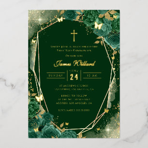 Invitación Con Relieve Metalizado Rosa de oro verde esmeralda niños primera comunión