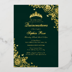 Invitación Con Relieve Metalizado Rosa de papel de oro Esmeralda Quinceañera Cumplea