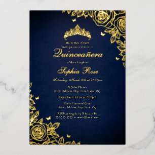 Invitación Con Relieve Metalizado Rosa de papel de oro Quinceañera cumpleaños Navy