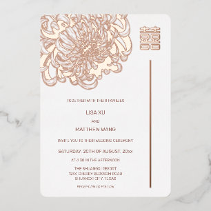 Invitación Con Relieve Metalizado Rosa de Peonía Dorada Blanca Boda China