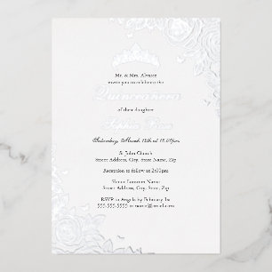 Invitación Con Relieve Metalizado Rosa de Plata Floral Quinceañera Cumpleaños 
