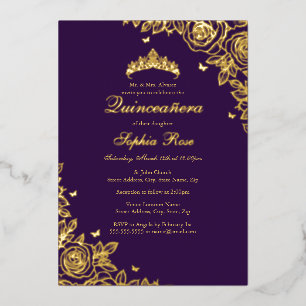 Invitación Con Relieve Metalizado Rosa de Relieve metalizado dorado Purple Quinceane