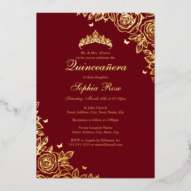 Invitación Con Relieve Metalizado Rosa de Relieve metalizado dorado Red Quinceanera  (Anverso)