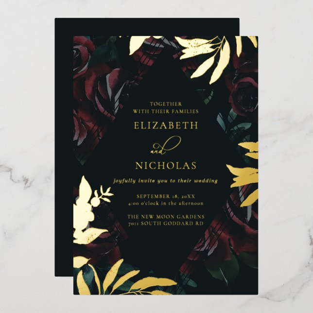 Invitación Con Relieve Metalizado Rosa de terciopelo oscuro de Borgoña | Boda de inv (Anverso/Reverso)