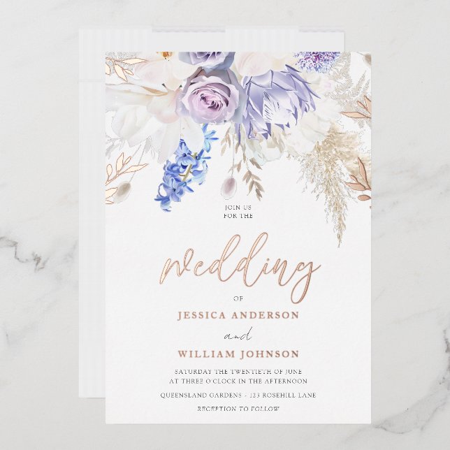 Invitación Con Relieve Metalizado Rosa divino oro morado lavanda Boda floral (Sobre)