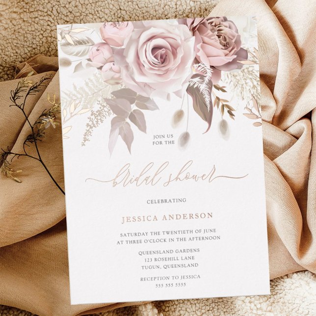 Invitación Con Relieve Metalizado Rosa divino Oro Rubor Floral Bridal Shower (Subido por el creador)