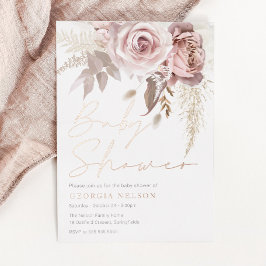 Invitación Con Relieve Metalizado Rosa divino Rubor Floral Baby Shower