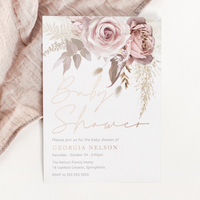 Invitación Con Relieve Metalizado Rosa divino Rubor Floral Baby Shower (Subido por el creador)