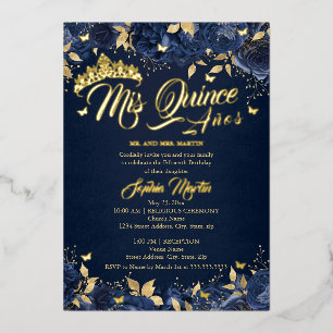 Invitación Con Relieve Metalizado Rosa dorada de la Marina Mis Quince Quinceañera