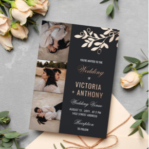 Invitación Con Relieve Metalizado Rosa Dorada Mate Ramita de Fresa 3 Fotos Boda