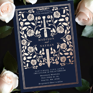 Invitación Con Relieve Metalizado Rosa Dorada Medieval Azul Real Espada Boda