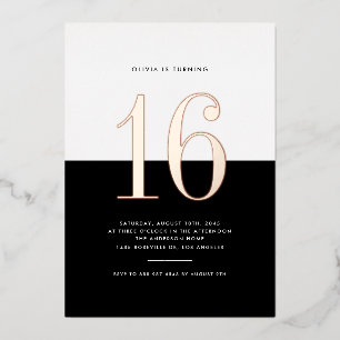 Invitación Con Relieve Metalizado Rosa dorada moderna en negro y blanco de Sweet 16 