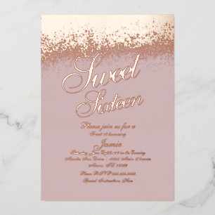 Invitación Con Relieve Metalizado Rosa Dorada Sweet Sixteen Brillante Prensado 