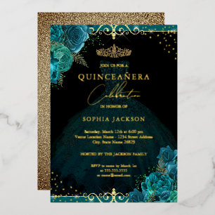 Invitación Con Relieve Metalizado Rosa dorada turquesa Quinceañera elegante