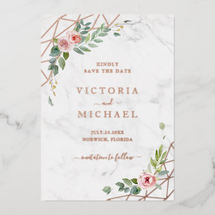 Invitación Con Relieve Metalizado Rosa Dorado Acuarela Floral Rosa Guardar La Fecha