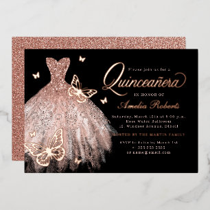 Invitación Con Relieve Metalizado Rosa Dorado Black Butterfly Vestido Quinceanera