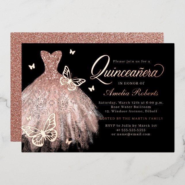 Invitación Con Relieve Metalizado Rosa Dorado Black Butterfly Vestido Quinceanera (Anverso/Reverso)