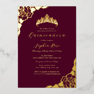 Invitación Con Relieve Metalizado Rosa Dorado Burgundy Quinceañera Cumpleaños
