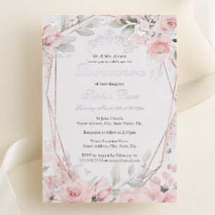 Invitación Con Relieve Metalizado Rosa Dorado Floral Mariposa Quinceañera