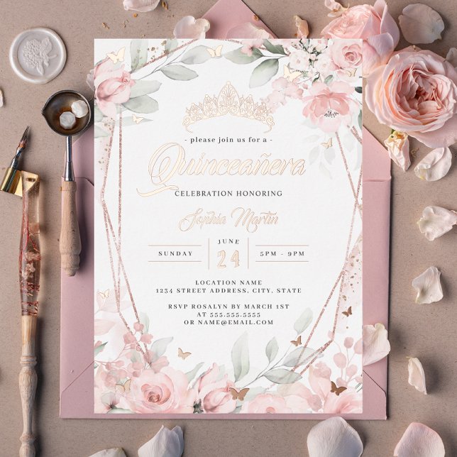 Invitación Con Relieve Metalizado Rosa Dorado Floral Mariposa Rosa Quinceanera (Subido por el creador)