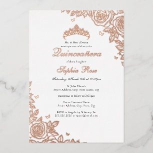 Invitación Con Relieve Metalizado Rosa Dorado Floral Quinceanera Cumpleaños