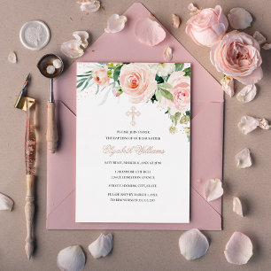 Invitación Con Relieve Metalizado Rosa Dorado Floral Rubor Acuarela Bautizo