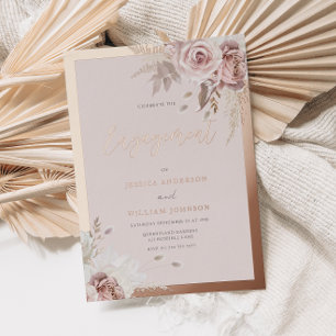 Invitación Con Relieve Metalizado Rosa Dorado Foil Rubor Floral Compromiso Fiesta