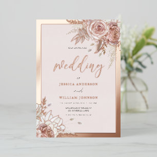 Invitación Con Relieve Metalizado Rosa Dorado Foil Rubor Floral Con Borde Boda