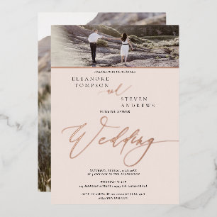 Invitación Con Relieve Metalizado rosa dorado guión rubor 2 fotos boda